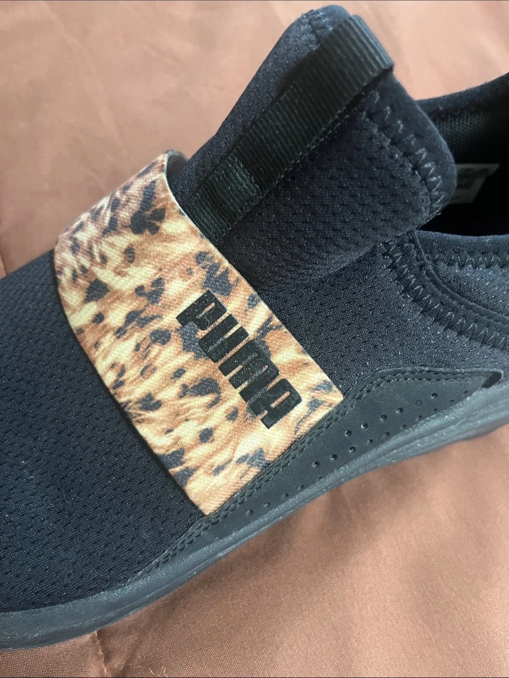 Puma Kids Black Slip-On Sneakers with Leopard Print Strap